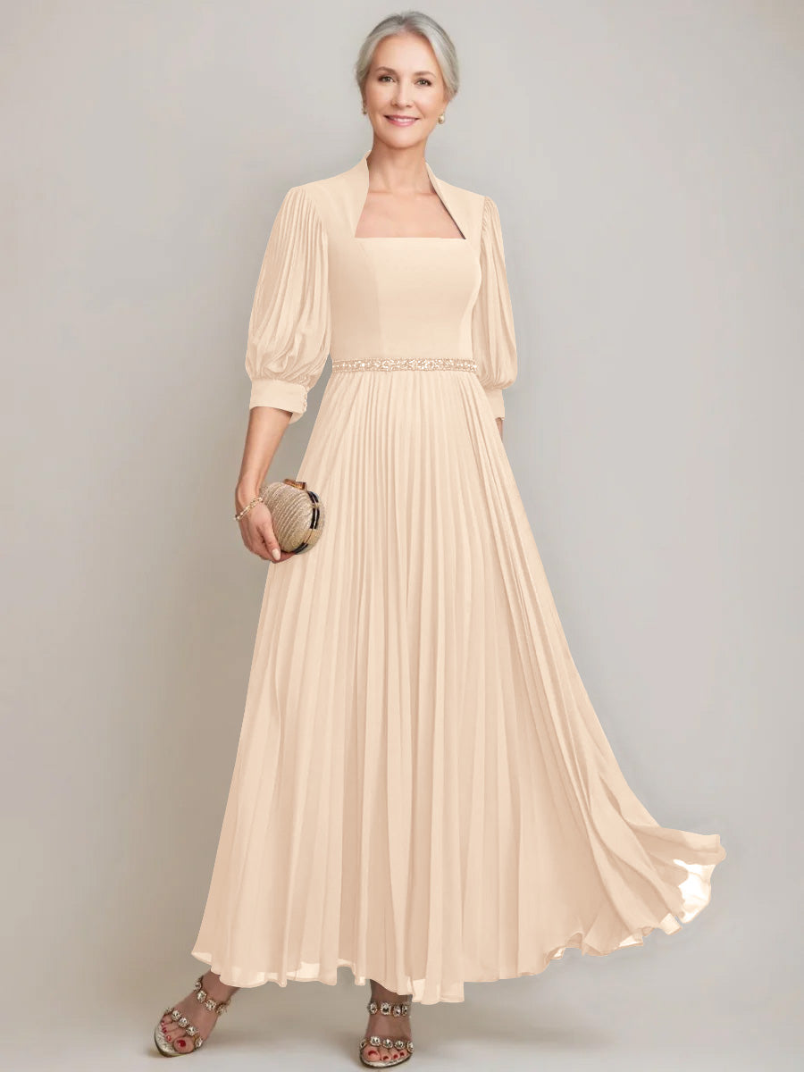 A Line Princess Queen Anne Neckline Ankle Length Pleated Mother Of The Bride Dresses With Sequins Beads