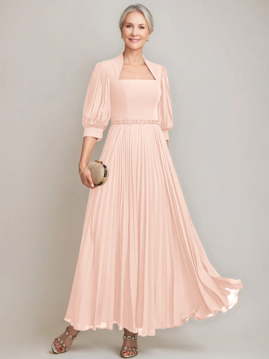 A Line Princess Queen Anne Neckline Ankle Length Pleated Mother Of The Bride Dresses With Sequins Beads
