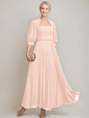 A Line Princess Queen Anne Neckline Ankle Length Pleated Mother Of The Bride Dresses With Sequins Beads