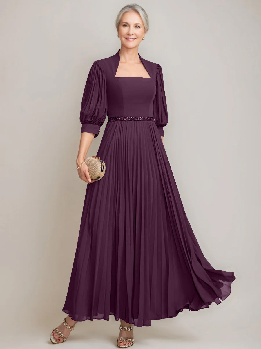 A Line Princess Queen Anne Neckline Ankle Length Pleated Mother Of The Bride Dresses With Sequins Beads