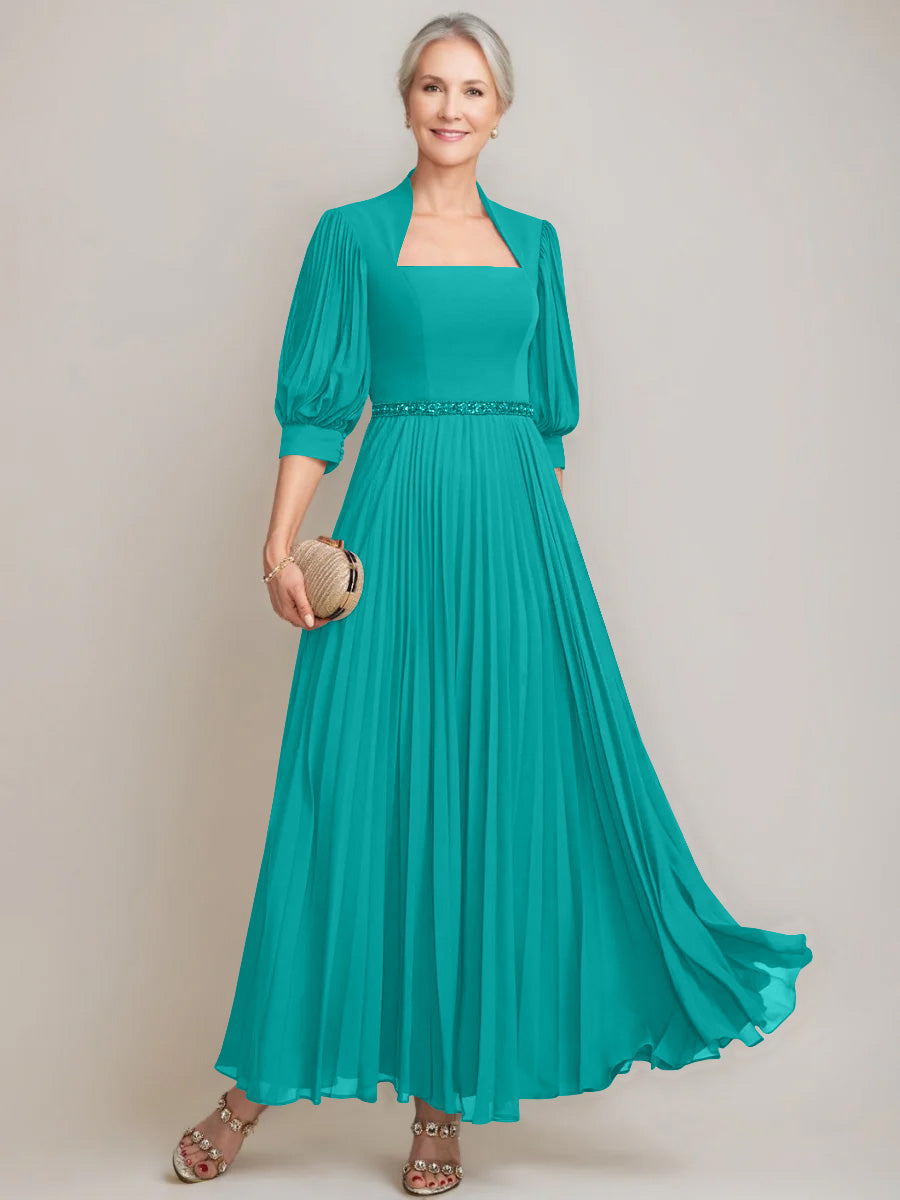 A Line Princess Queen Anne Neckline Ankle Length Pleated Mother Of The Bride Dresses With Sequins Beads