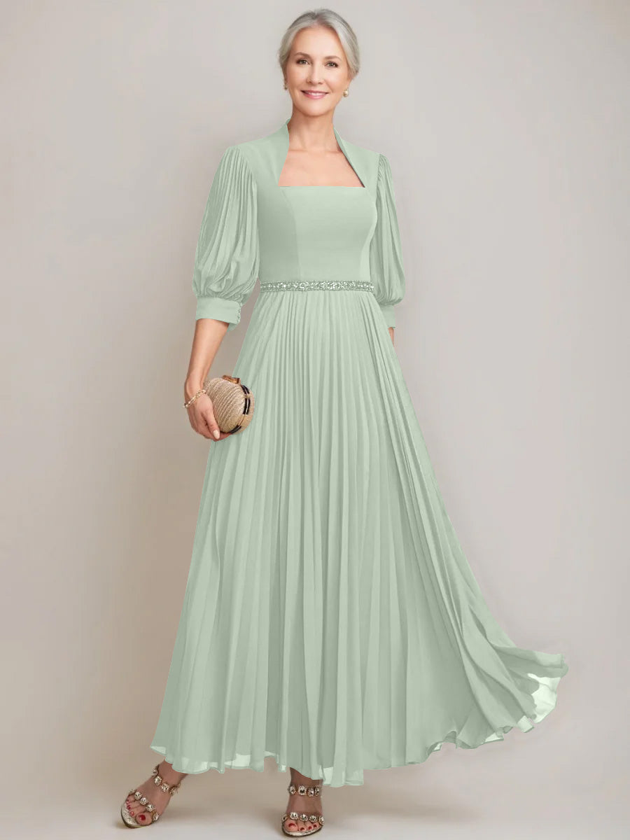 A Line Princess Queen Anne Neckline Ankle Length Pleated Mother Of The Bride Dresses With Sequins Beads