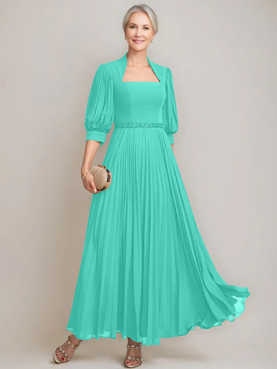 A Line Princess Queen Anne Neckline Ankle Length Pleated Mother Of The Bride Dresses With Sequins Beads