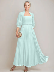 A Line Princess Queen Anne Neckline Ankle Length Pleated Mother Of The Bride Dresses With Sequins Beads