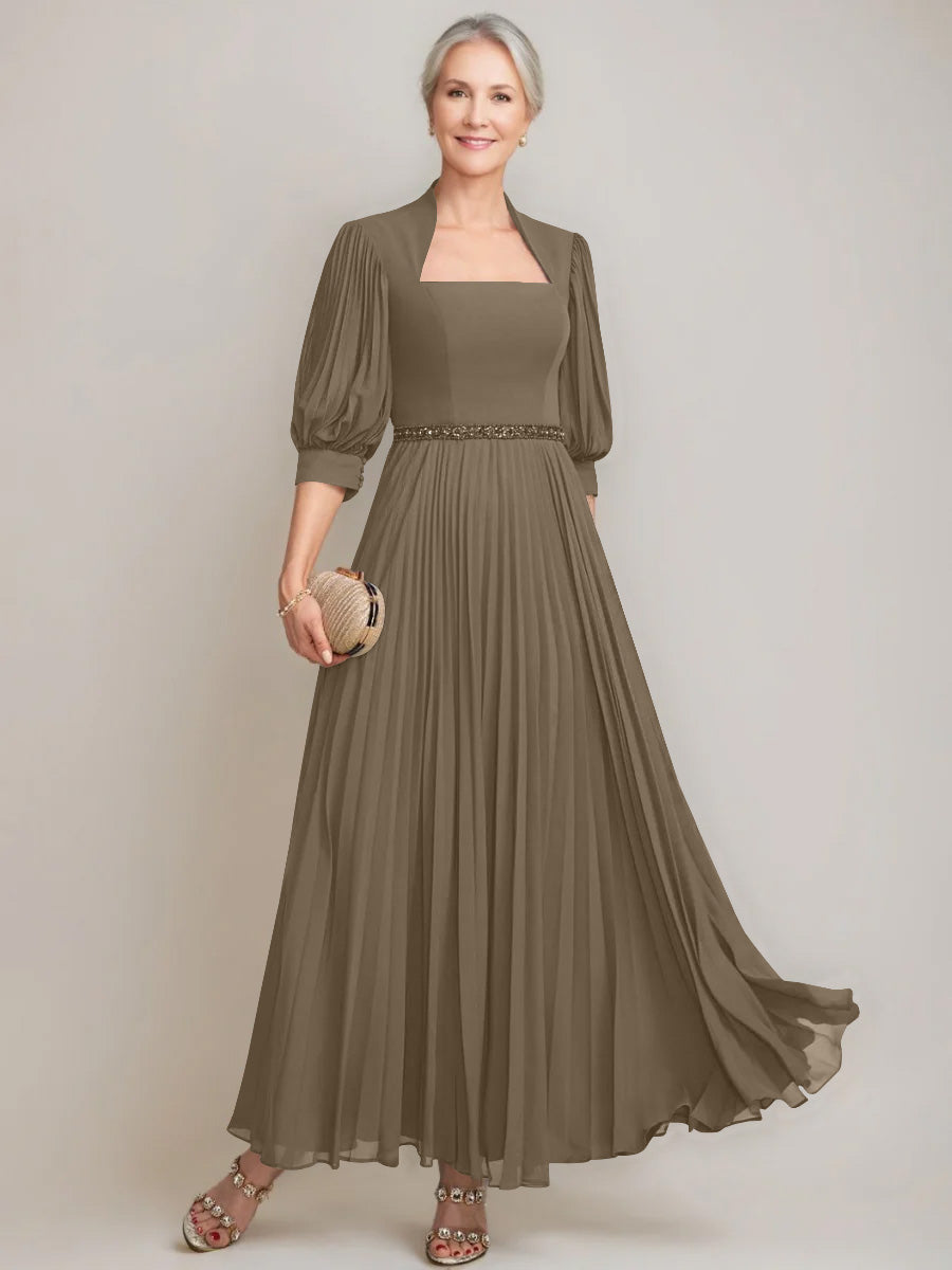 A Line Princess Queen Anne Neckline Ankle Length Pleated Mother Of The Bride Dresses With Sequins Beads