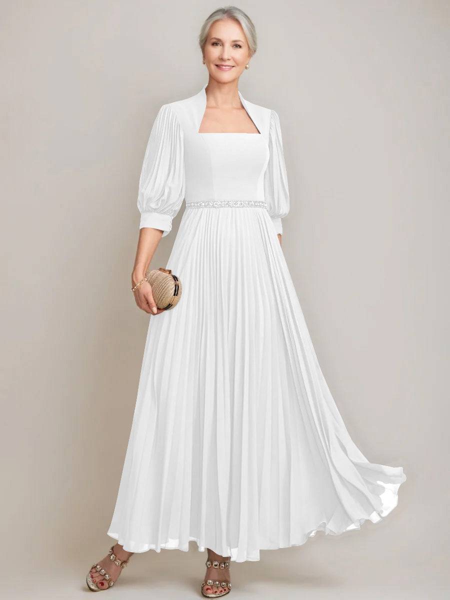 A Line Princess Queen Anne Neckline Ankle Length Pleated Mother Of The Bride Dresses With Sequins Beads