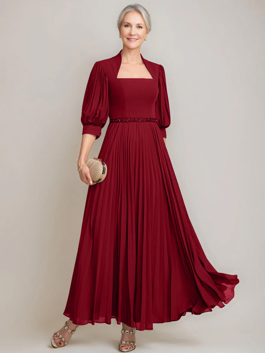 A Line Princess Queen Anne Neckline Ankle Length Pleated Mother Of The Bride Dresses With Sequins Beads