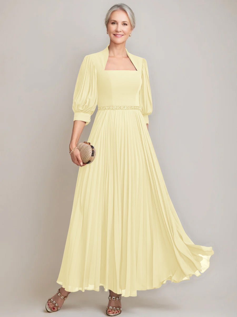 A Line Princess Queen Anne Neckline Ankle Length Pleated Mother Of The Bride Dresses With Sequins Beads