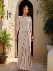 Sheath Column Cowl Neck 3 4 Sleeves Floor Length Mother Of The Bride Dresses With Tulle Sash Slit Jewel Appliques