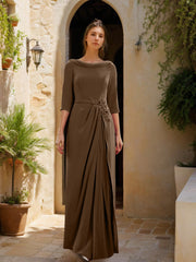 Sheath Column Cowl Neck 3 4 Sleeves Floor Length Mother Of The Bride Dresses With Tulle Sash Slit Jewel Appliques