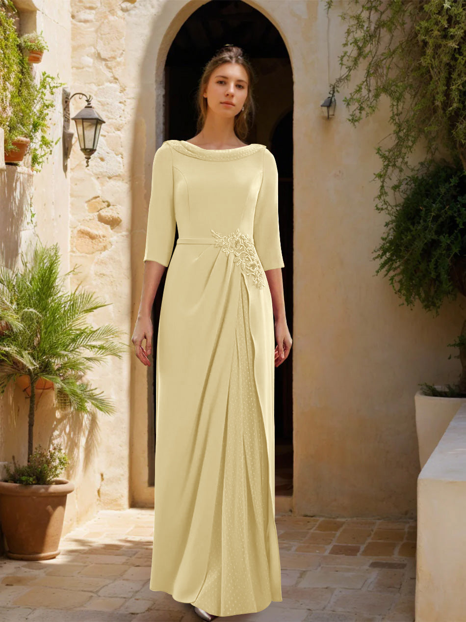 Sheath Column Cowl Neck 3 4 Sleeves Floor Length Mother Of The Bride Dresses With Tulle Sash Slit Jewel Appliques