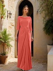 Sheath Column Cowl Neck 3 4 Sleeves Floor Length Mother Of The Bride Dresses With Tulle Sash Slit Jewel Appliques