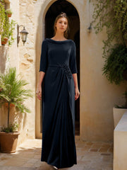 Sheath Column Cowl Neck 3 4 Sleeves Floor Length Mother Of The Bride Dresses With Tulle Sash Slit Jewel Appliques