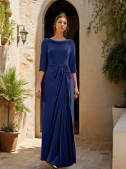 Sheath Column Cowl Neck 3 4 Sleeves Floor Length Mother Of The Bride Dresses With Tulle Sash Slit Jewel Appliques