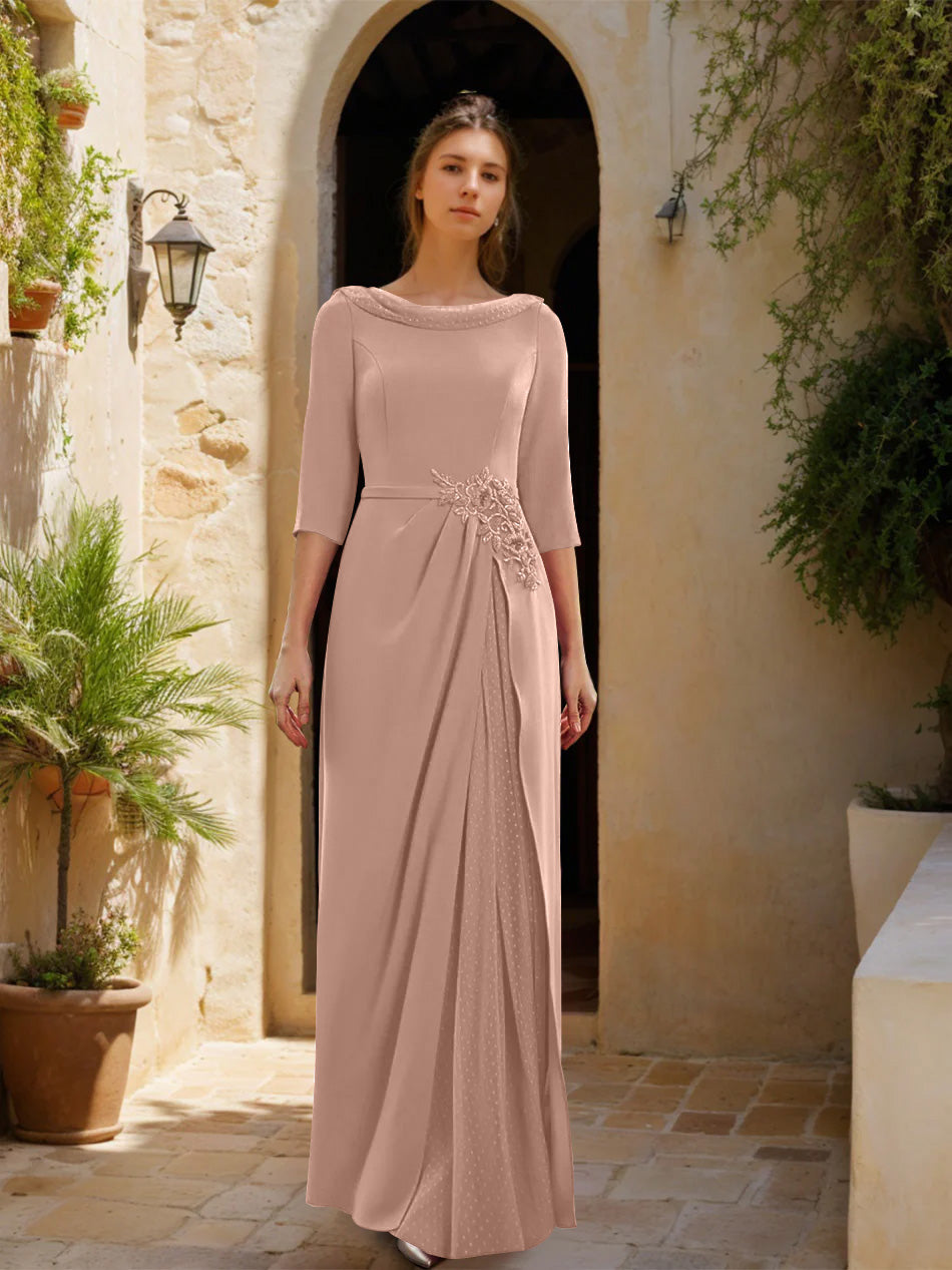 Sheath Column Cowl Neck 3 4 Sleeves Floor Length Mother Of The Bride Dresses With Tulle Sash Slit Jewel Appliques