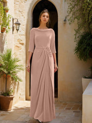 Sheath Column Cowl Neck 3 4 Sleeves Floor Length Mother Of The Bride Dresses With Tulle Sash Slit Jewel Appliques