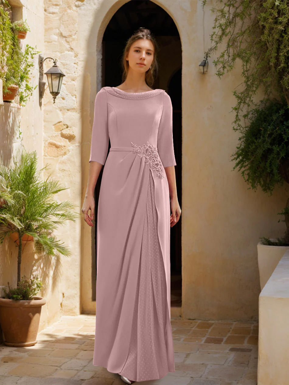 Sheath Column Cowl Neck 3 4 Sleeves Floor Length Mother Of The Bride Dresses With Tulle Sash Slit Jewel Appliques