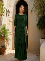 Sheath Column Cowl Neck 3 4 Sleeves Floor Length Mother Of The Bride Dresses With Tulle Sash Slit Jewel Appliques