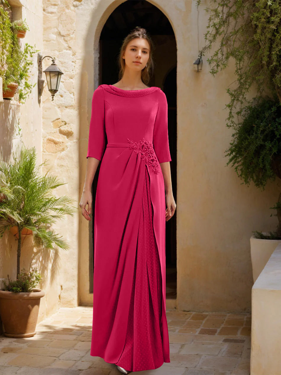 Sheath Column Cowl Neck 3 4 Sleeves Floor Length Mother Of The Bride Dresses With Tulle Sash Slit Jewel Appliques