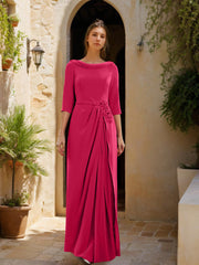 Sheath Column Cowl Neck 3 4 Sleeves Floor Length Mother Of The Bride Dresses With Tulle Sash Slit Jewel Appliques