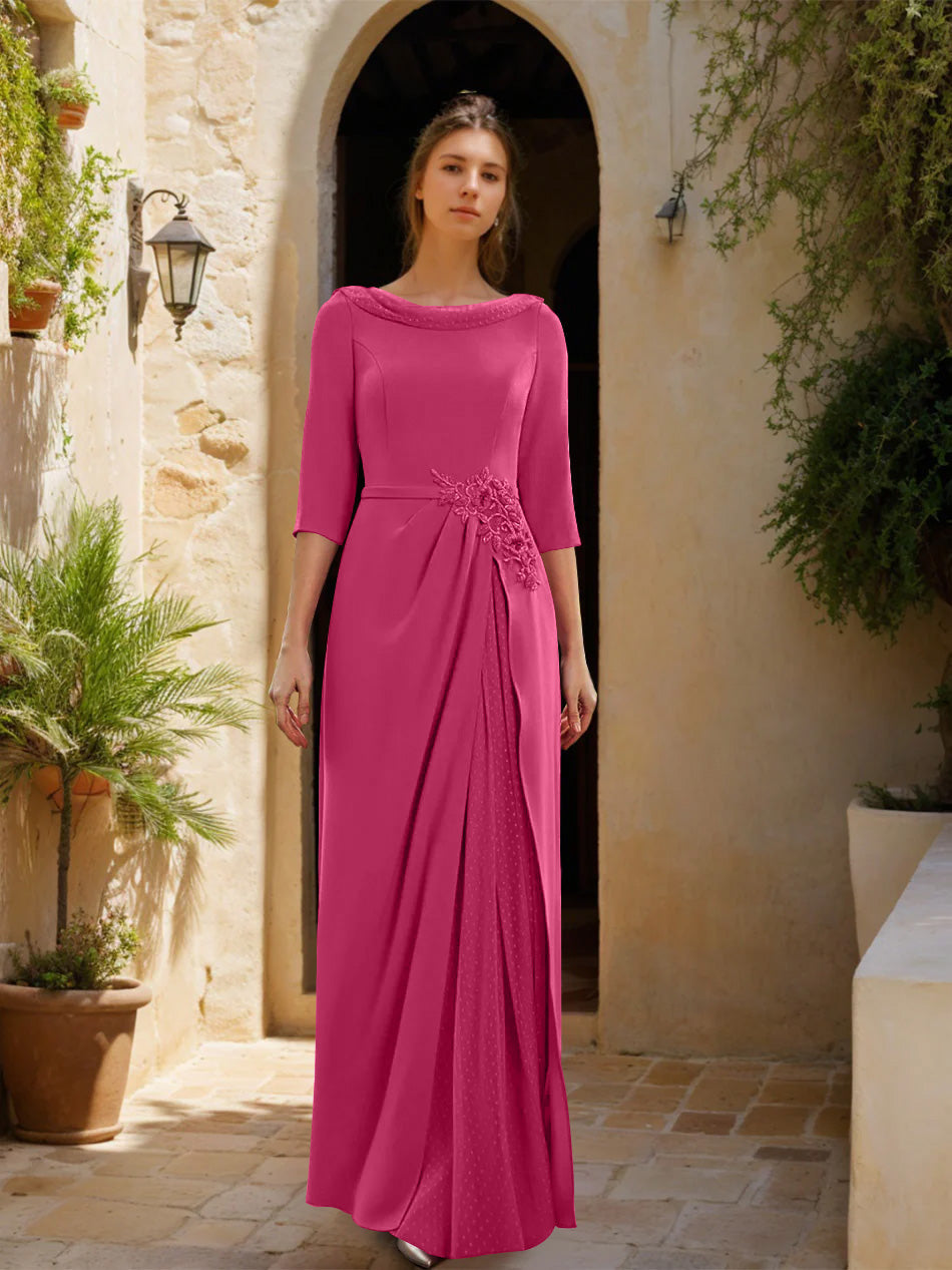 Sheath Column Cowl Neck 3 4 Sleeves Floor Length Mother Of The Bride Dresses With Tulle Sash Slit Jewel Appliques