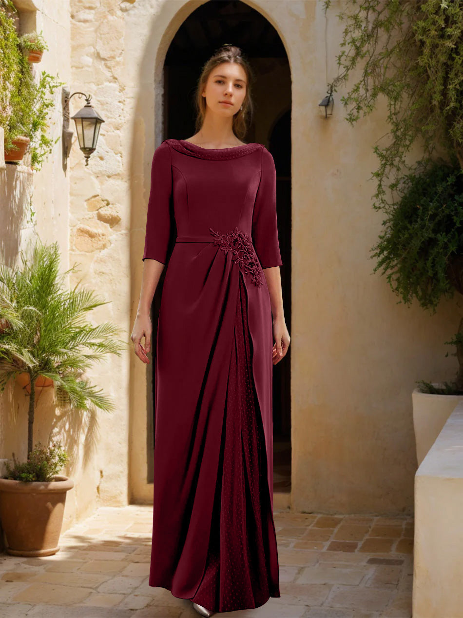 Sheath Column Cowl Neck 3 4 Sleeves Floor Length Mother Of The Bride Dresses With Tulle Sash Slit Jewel Appliques