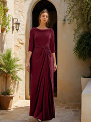Sheath Column Cowl Neck 3 4 Sleeves Floor Length Mother Of The Bride Dresses With Tulle Sash Slit Jewel Appliques