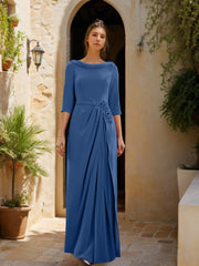 Sheath Column Cowl Neck 3 4 Sleeves Floor Length Mother Of The Bride Dresses With Tulle Sash Slit Jewel Appliques