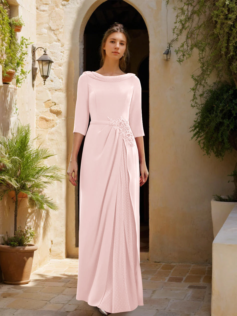 Sheath Column Cowl Neck 3 4 Sleeves Floor Length Mother Of The Bride Dresses With Tulle Sash Slit Jewel Appliques