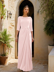 Sheath Column Cowl Neck 3 4 Sleeves Floor Length Mother Of The Bride Dresses With Tulle Sash Slit Jewel Appliques