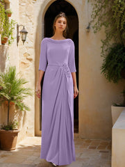 Sheath Column Cowl Neck 3 4 Sleeves Floor Length Mother Of The Bride Dresses With Tulle Sash Slit Jewel Appliques