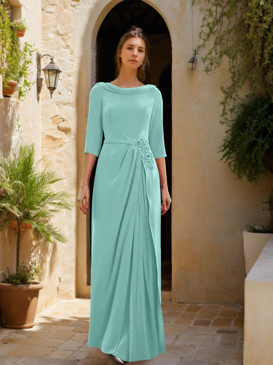 Sheath Column Cowl Neck 3 4 Sleeves Floor Length Mother Of The Bride Dresses With Tulle Sash Slit Jewel Appliques