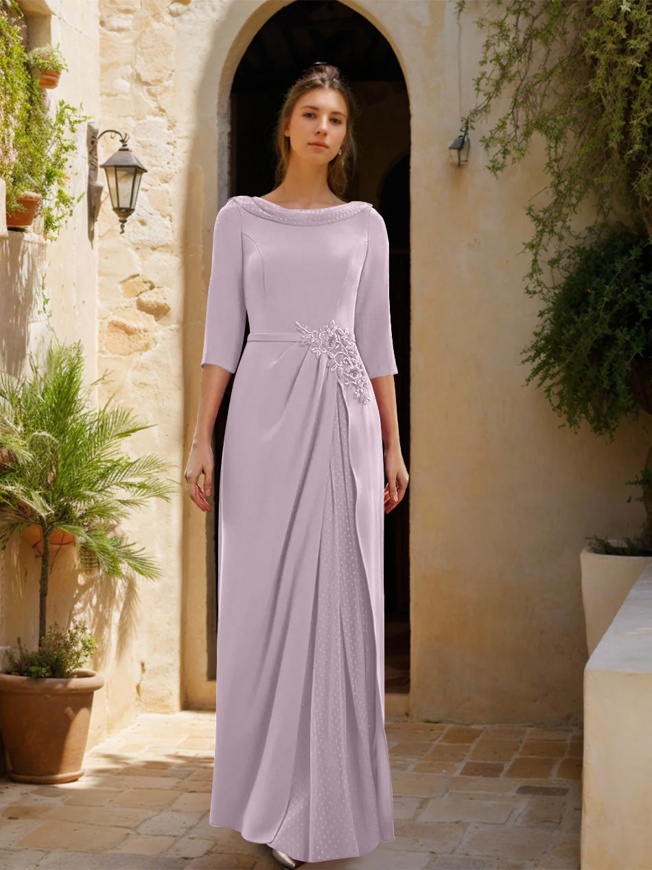 Sheath Column Cowl Neck 3 4 Sleeves Floor Length Mother Of The Bride Dresses With Tulle Sash Slit Jewel Appliques