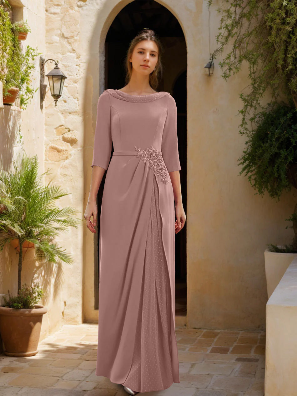 Sheath Column Cowl Neck 3 4 Sleeves Floor Length Mother Of The Bride Dresses With Tulle Sash Slit Jewel Appliques