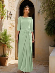 Sheath Column Cowl Neck 3 4 Sleeves Floor Length Mother Of The Bride Dresses With Tulle Sash Slit Jewel Appliques