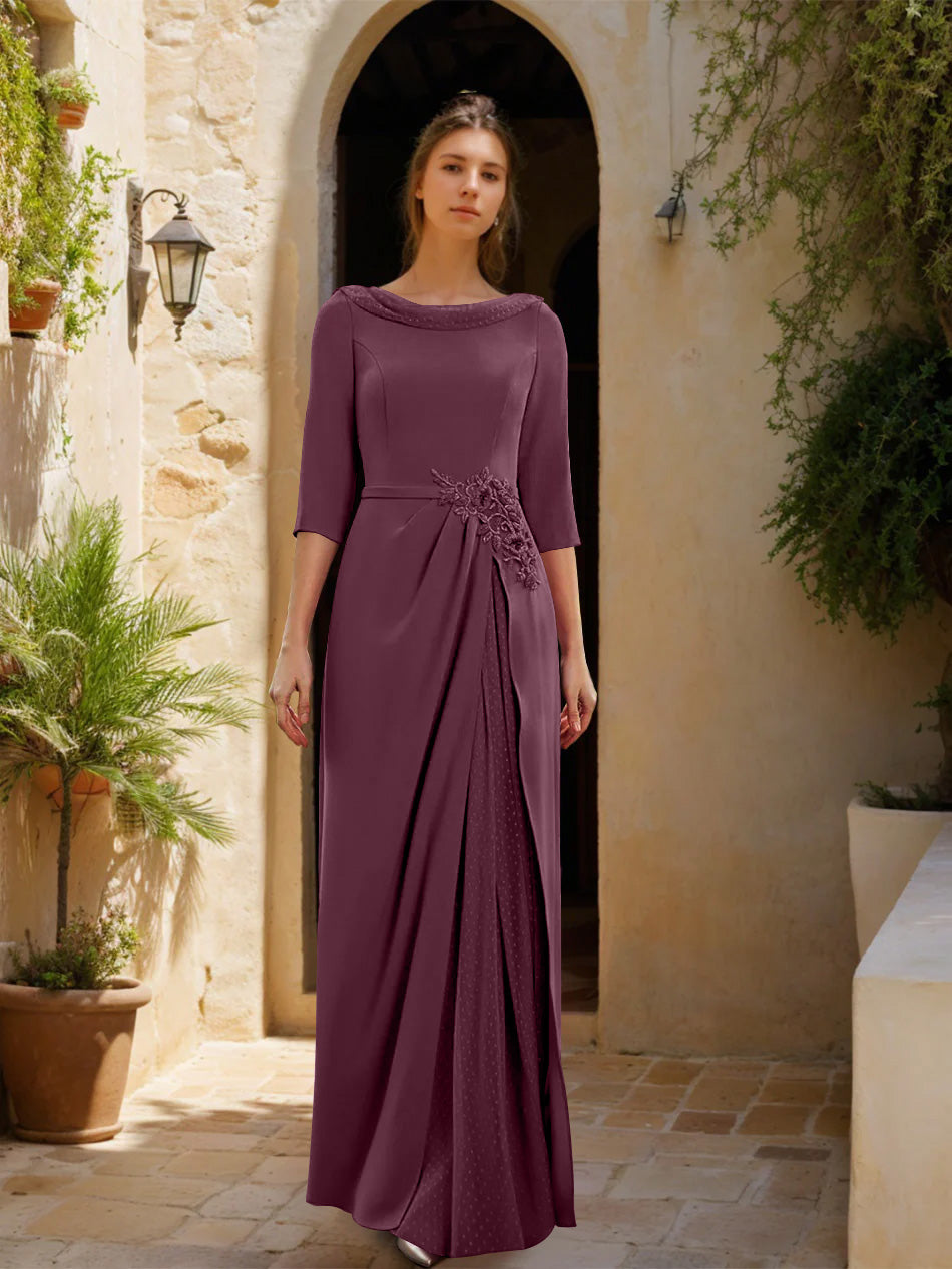 Sheath Column Cowl Neck 3 4 Sleeves Floor Length Mother Of The Bride Dresses With Tulle Sash Slit Jewel Appliques