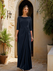 Sheath Column Cowl Neck 3 4 Sleeves Floor Length Mother Of The Bride Dresses With Tulle Sash Slit Jewel Appliques