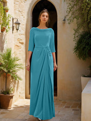 Sheath Column Cowl Neck 3 4 Sleeves Floor Length Mother Of The Bride Dresses With Tulle Sash Slit Jewel Appliques