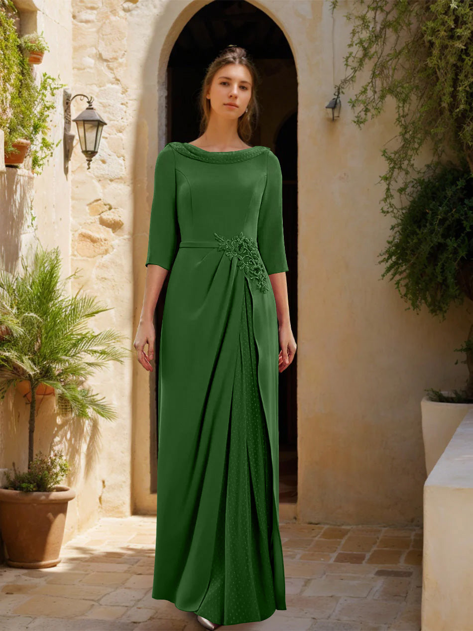 Sheath Column Cowl Neck 3 4 Sleeves Floor Length Mother Of The Bride Dresses With Tulle Sash Slit Jewel Appliques