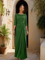 Sheath Column Cowl Neck 3 4 Sleeves Floor Length Mother Of The Bride Dresses With Tulle Sash Slit Jewel Appliques