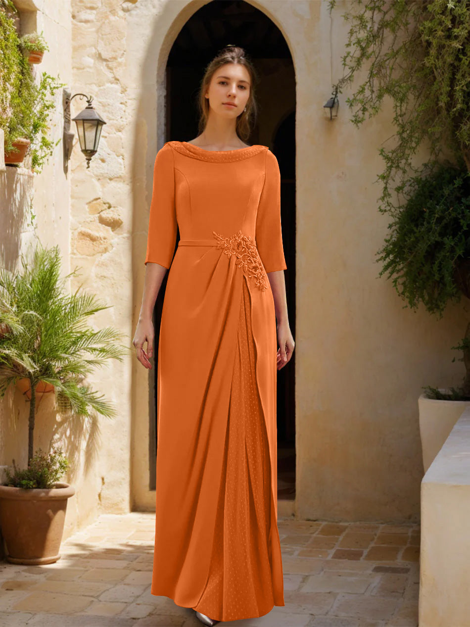 Sheath Column Cowl Neck 3 4 Sleeves Floor Length Mother Of The Bride Dresses With Tulle Sash Slit Jewel Appliques
