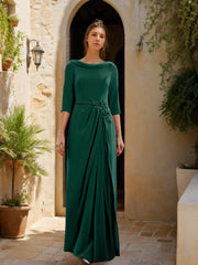 Sheath Column Cowl Neck 3 4 Sleeves Floor Length Mother Of The Bride Dresses With Tulle Sash Slit Jewel Appliques
