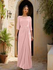 Sheath Column Cowl Neck 3 4 Sleeves Floor Length Mother Of The Bride Dresses With Tulle Sash Slit Jewel Appliques