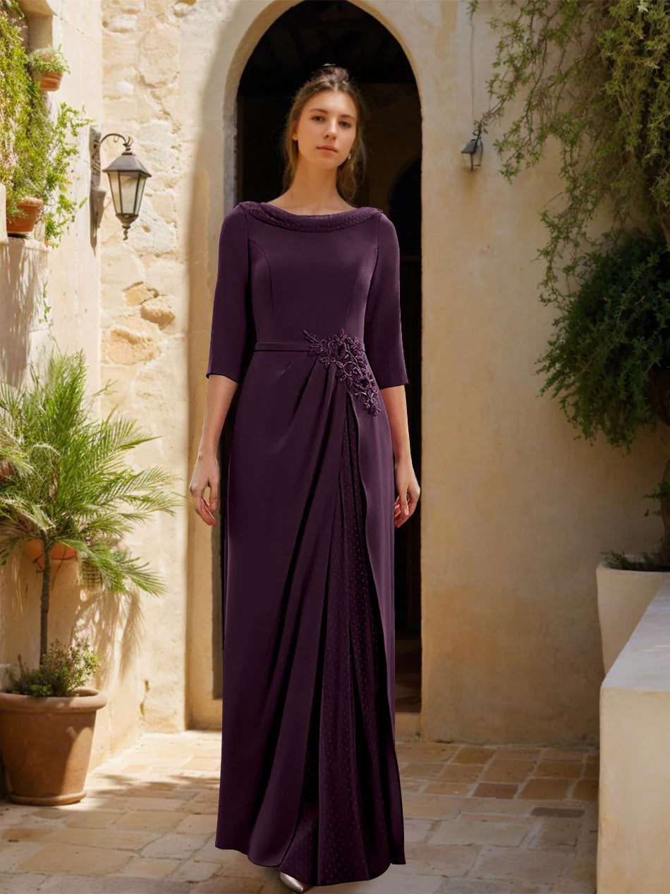 Sheath Column Cowl Neck 3 4 Sleeves Floor Length Mother Of The Bride Dresses With Tulle Sash Slit Jewel Appliques