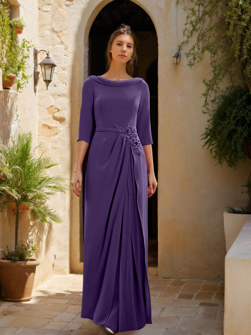 Sheath Column Cowl Neck 3 4 Sleeves Floor Length Mother Of The Bride Dresses With Tulle Sash Slit Jewel Appliques