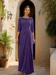 Sheath Column Cowl Neck 3 4 Sleeves Floor Length Mother Of The Bride Dresses With Tulle Sash Slit Jewel Appliques