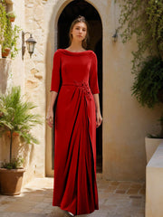 Sheath Column Cowl Neck 3 4 Sleeves Floor Length Mother Of The Bride Dresses With Tulle Sash Slit Jewel Appliques