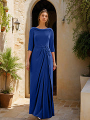 Sheath Column Cowl Neck 3 4 Sleeves Floor Length Mother Of The Bride Dresses With Tulle Sash Slit Jewel Appliques