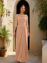 Sheath Column Cowl Neck 3 4 Sleeves Floor Length Mother Of The Bride Dresses With Tulle Sash Slit Jewel Appliques