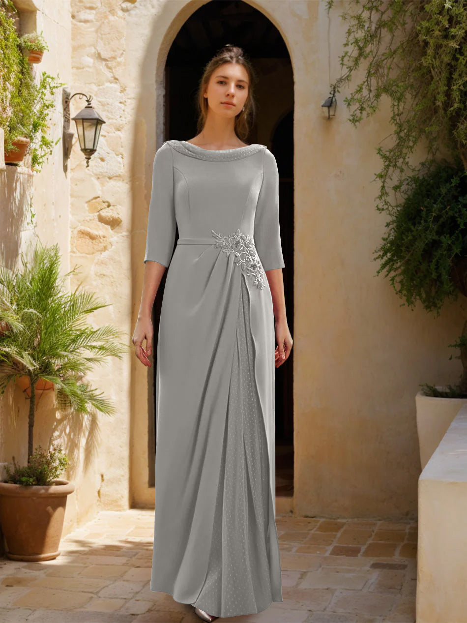 Sheath Column Cowl Neck 3 4 Sleeves Floor Length Mother Of The Bride Dresses With Tulle Sash Slit Jewel Appliques